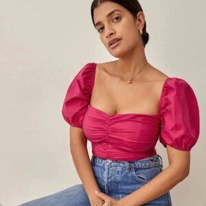 REFORMATION radish top / bright pink puff sleeve gathered blouse / size 0